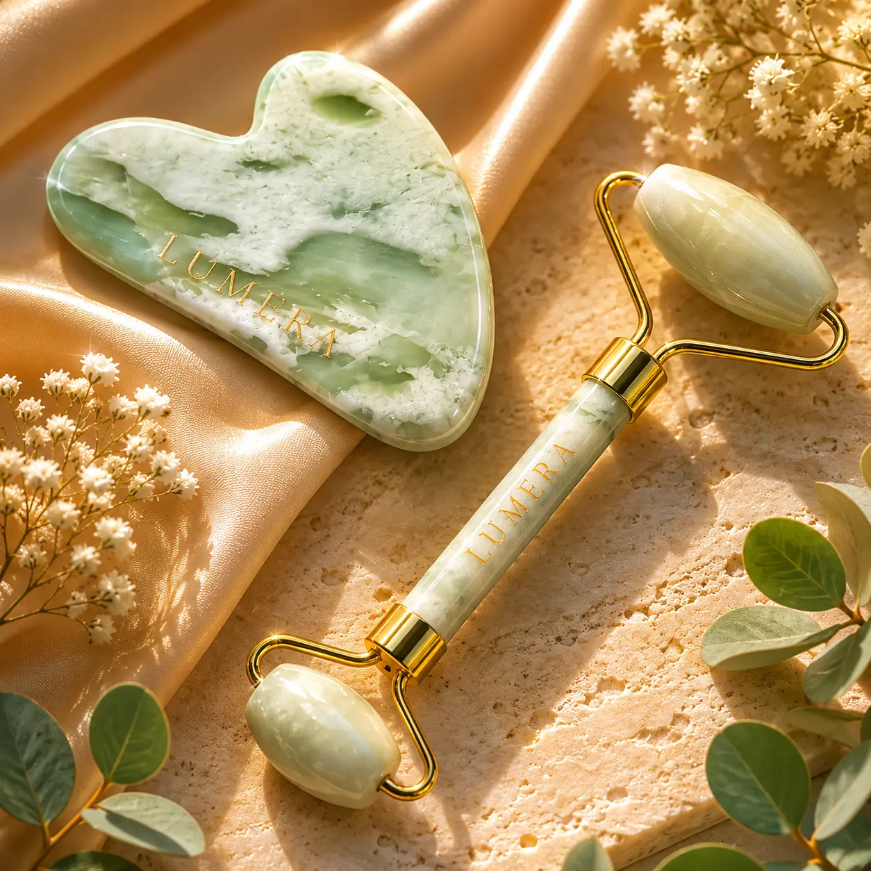 Gold-Accented Jade Roller & Gua Sha 2-Piece Manual Facial Massage Tool Set - Double-Sided Solid for Daily Self-Care, Firming/Lifting, Depuffing, Anti-Wrinkle, Skin Tone & Texture Evening, Better Absorption (Adults)