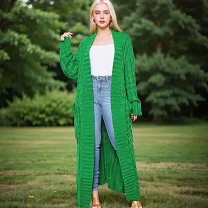Women’s Green Cable-Knit Cardigan for Spring/Autumn Fashion, Open Front, Longline Knitwear, Casual Everyday Wear, Minimalist Basic Top, Women’s Knitwear Tops