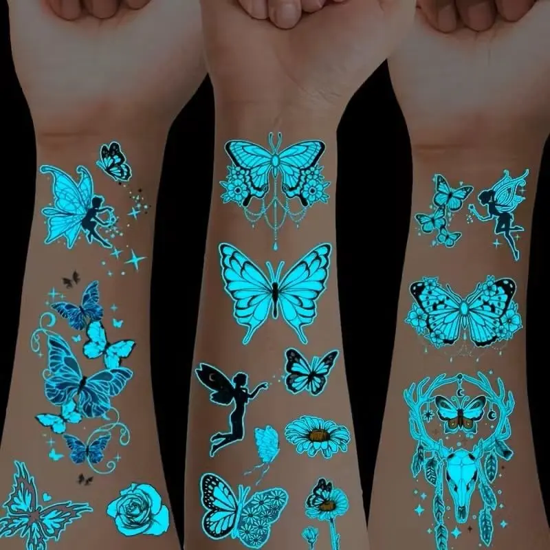 Temporary tattoo stickers, suitable for large-scale tattoo designs. There are various sticker styles, including realistic tattoo patterns such as flowers and butterflies, which can be applied to the body, neck, arms, and other areas.