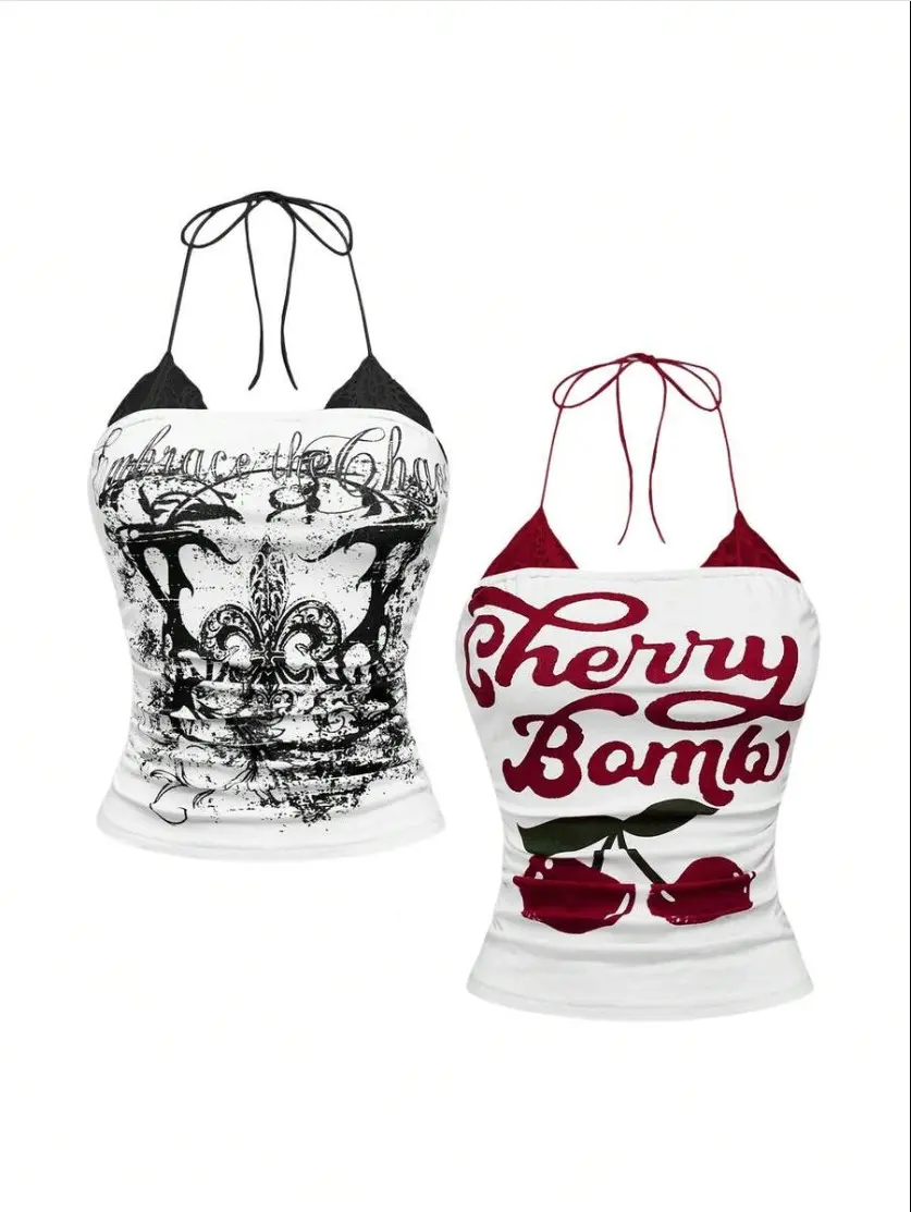PULSE x 2pcs/Set American Vintage Cherry Print & Punk Vine Print Contrast Lace Halter Neck Bodycon Tank Top