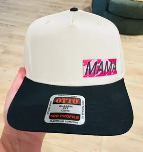 Mama Pink Camo Leather Hat Patch on  Black and Natural Otto Trucker Hat