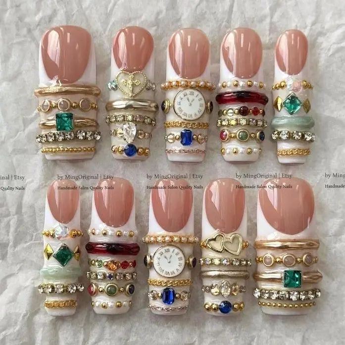Gold Bangle Jewelry Press On Nails 3D Vintage Clock Charms Luxury French Tip