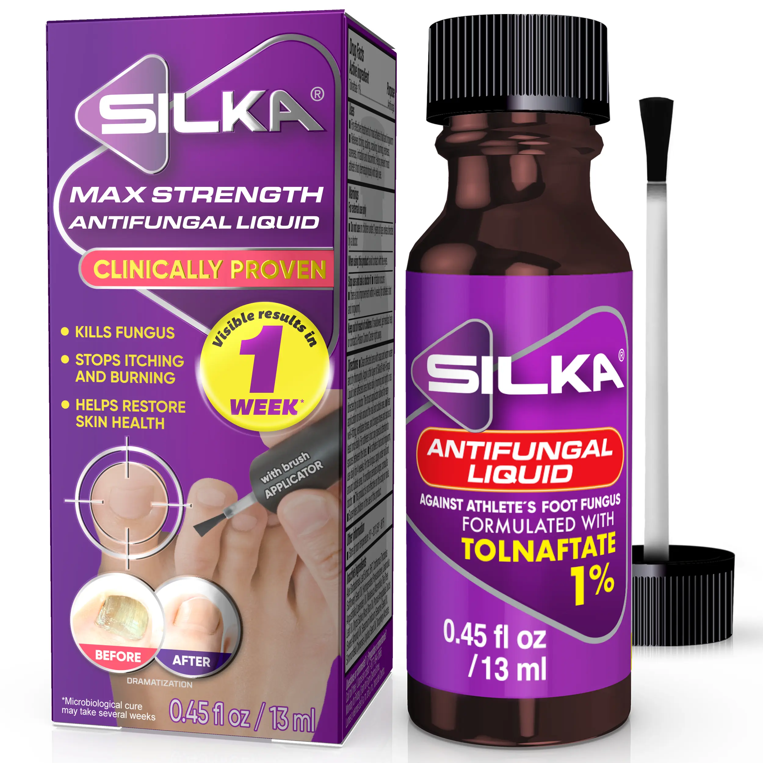 SILKA Max Strength Antifungal Liquid for Toenail Health, Single Pack.  With Brush Applicator, Treatment for Fungus, Solution for Ringworm & Athlete’s Foot, Restores Appearance of Discolored Nail, Tolnaftate 1%,  0.45 Fl Oz  - 1 Pack