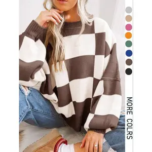 Plus Size Plaid Drop Shoulder Sweater, Casual Long Sleeve Knitwear for Fall & Winter, Loose-Fitting Round Neck Pullover for Women