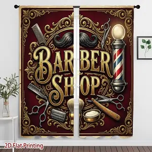 2pcs Polyester 2D Print Graffiti Theme Curtains, Barber Shop Tool Pattern Rod Pocket Curtains, Ideal for Barber Shop Decoration