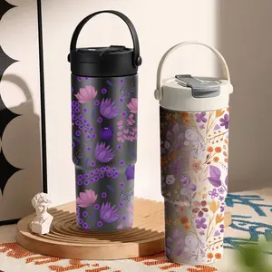 PIKPAKA Purple Floral Pattern Vacuum Flasks 700ml Ceramic Lined Tumbler with Tea Infuser & Hidden Straw, Vacuum Insulated Travel Mug, Long Cold Retention Coffee Water Bottle with Handle & Non-Slip Base