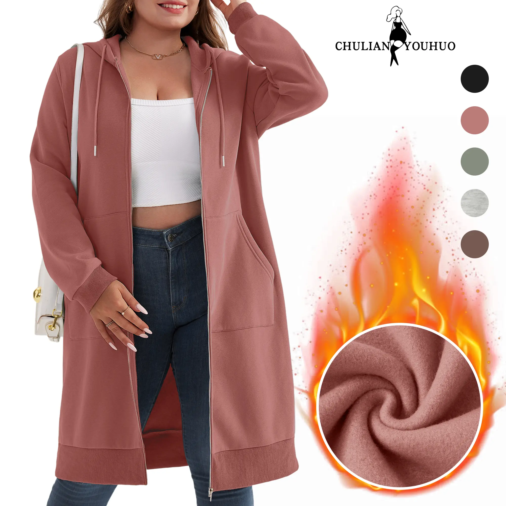 Chulianyouhuo Sweatshirt for Women, Oversized Plus Size Solid Zip Up Hoodie, Knee Length Minimalist Jacket with Pockets, Garment, Jeans, Zipper, Basic, Athleisure Wear, Drawstring, Tops, Loose