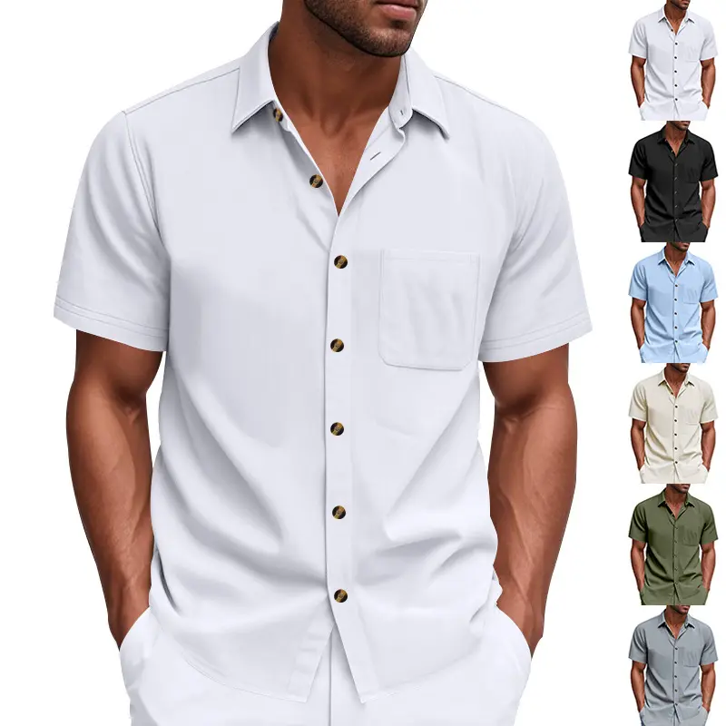Men’s 2026 American Retro Solid Color Short-Sleeve Turn-Down Collar Shirt, Loose Fit, Drapey, Breathable, Wrinkle-Free, Open-Front, Multi-Color, Versatile for Business Commute, Vacation