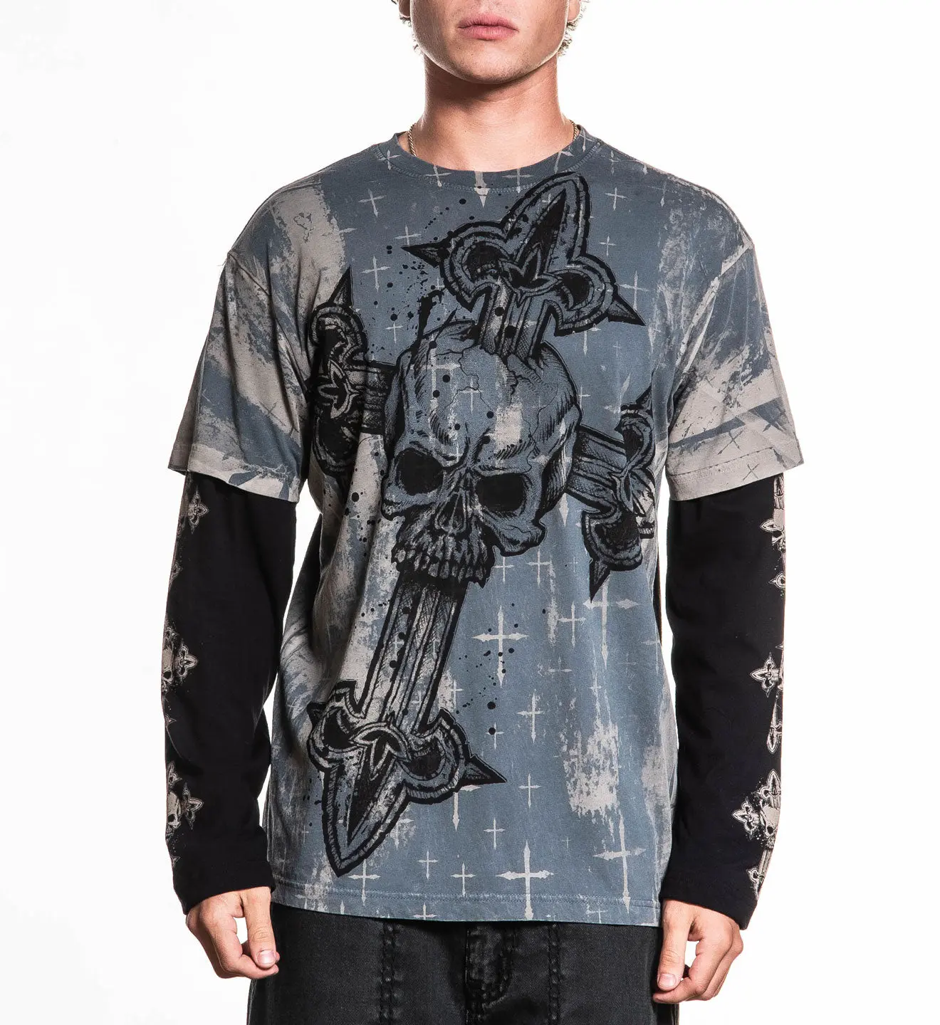 Affliction Men's Long Sleeve Shirt Cross 2fer