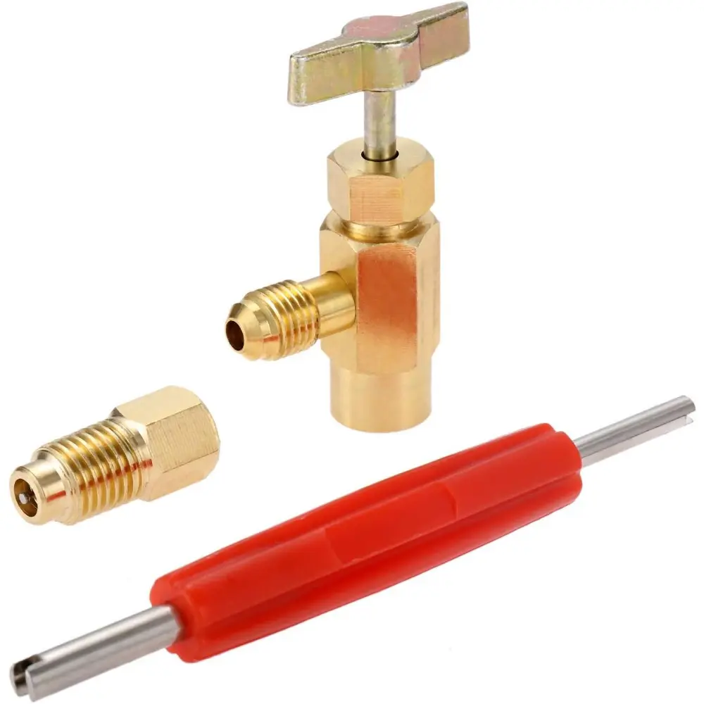Brass Alloy R134a Can Tap - Self-Sealing Refrigerant Dispenser with Tank Adapter, Valve Core Remover, 1/4’’ SAE Port, 1/4’’ Female & 1/2’’ Male Adapters, Safety Check Valve for Car Air Conditioner Manifold - Durable Using, Long-Lasting Seals