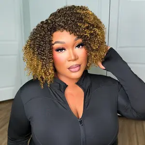 【Blend】Blend Human Hair 250% Density Afro Kinky Curly Wigs 12 Inches Short Afro Bomb Side Part Wig Full and Soft Ready To Wear