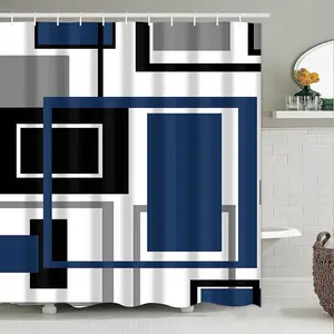 Blue Shower Curtain, 13pc Navy Geometric Waterproof Fabric Bathroom Curtain, 72"X72"