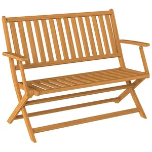 Folding Bench For Patio Or Deck Tilted Backrest For Comfort Teak Finish 705 Lb Capacity 2 Seat Bench With Back And Armrests Folds Flat