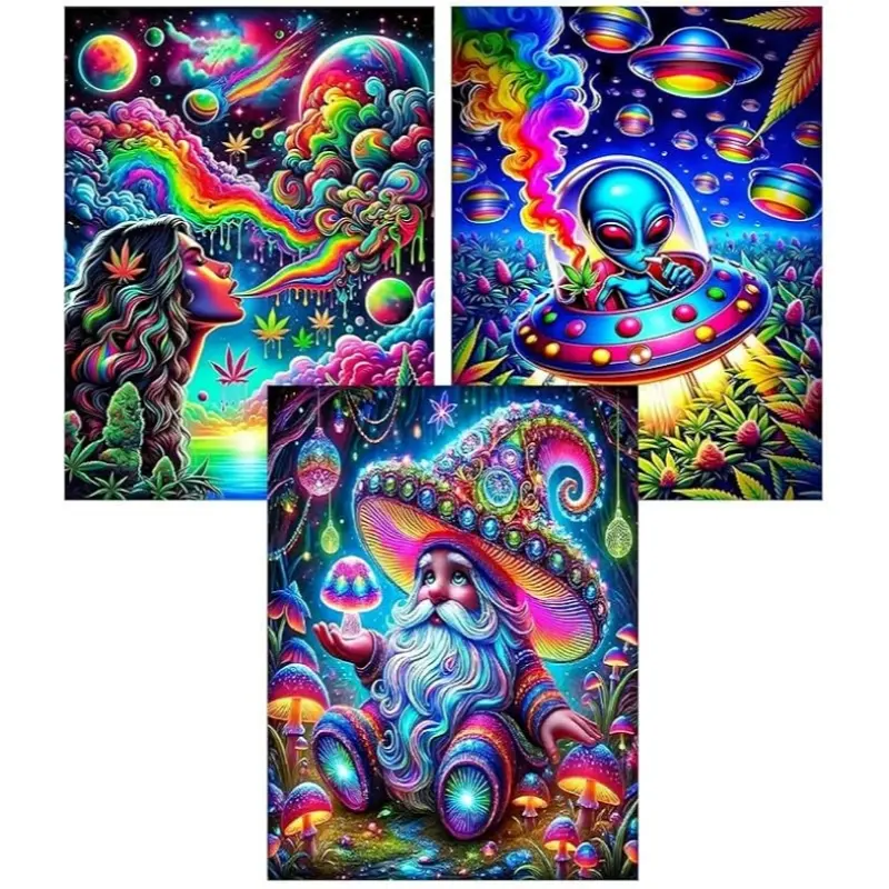 AIBOERL 3-Piece Alien Theme Neon Psychedelic Diamond Painting Kit - Alien Secret Realm Series, Round Gems DIY Crafts, Art, Stress Relief Needlework, Handmade Gift, Home Decor Toy