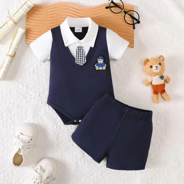 Preppy Baby Boy Summer Outfit Short Sleeve Shorts Set Soft Solid Cotton Toddler Clothes