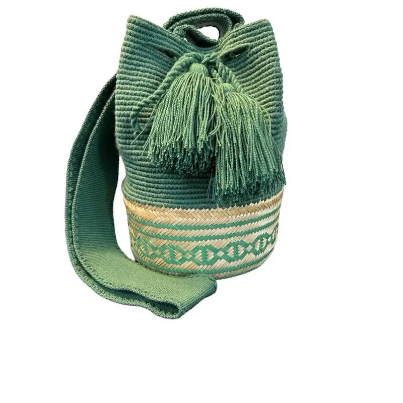 Handmade Wayuu Basket-Style Mochila Bag - Unique Colombian Art Mochila Wayuu Canasto with Green Tassel Detailing