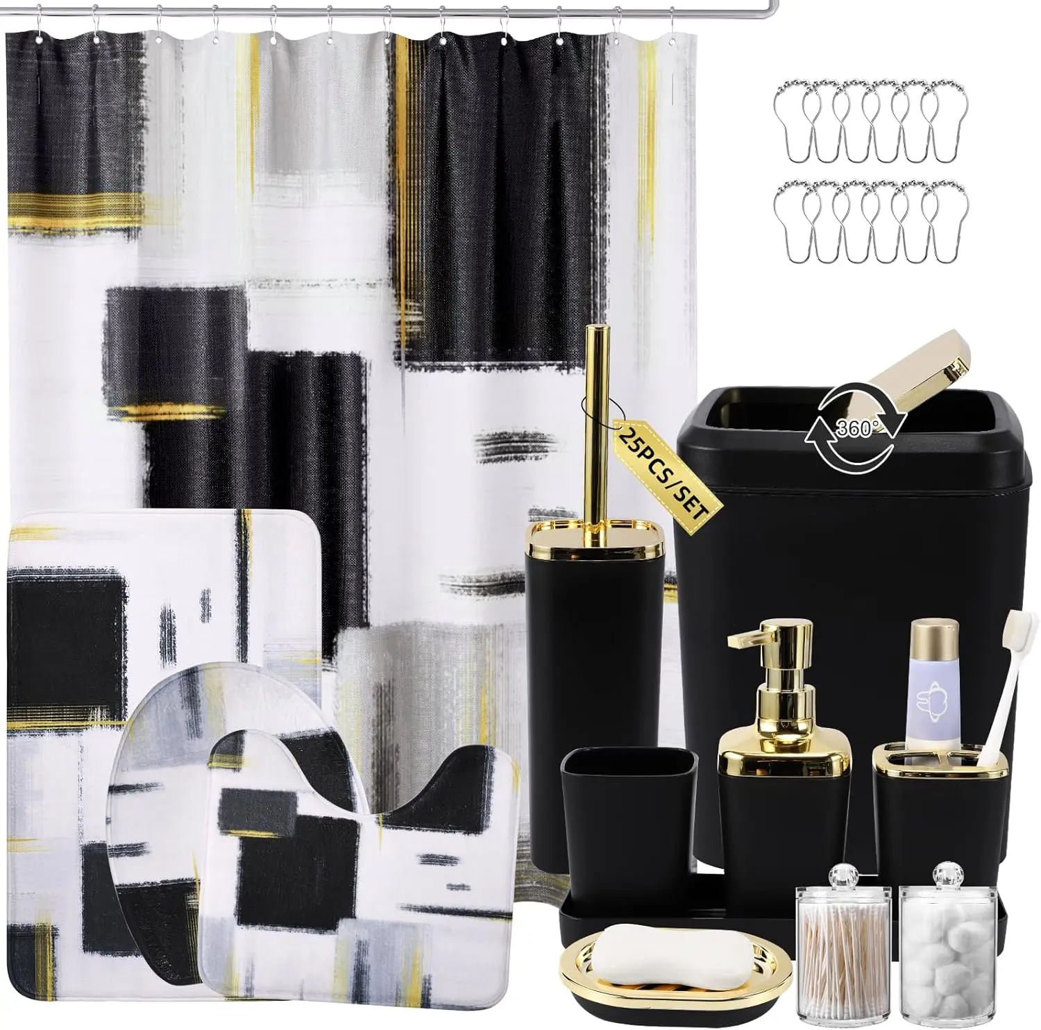 Bathroom Set - Black Bathroom Accessories Set, Bathroom Sets with Shower Curtain and Rugs, Black Shower Curtain Set with Bathroom Trash Can, Soap Dispenser, Soap Dish for Home Decor