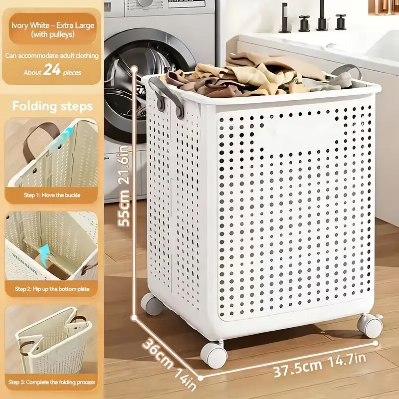 15.8/20GaA Large Foldable Wheeled Laundry Basket (Multiple Sizes Available) Without Lid - Solid Color, Faux Leather, Versatile Folding Portable Laundry Basket for Bathroom and Balcony Storage, Laundry Bag, Laundry Room Accessories, Laundry Baskets