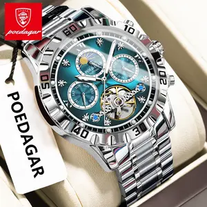 POEDAGAR Luxury Men's Clock Mechanical Waterproof Men's Watch Hollow Tourbillon Fully Automatic Stainless Steel Men's Watch+Box