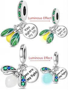 Plated 925 Sterling Silver Firefly Charm Bead, Luminous Glow in the Dark, Fits Pandora Bracelet, Dangle Pendant Jewelry Gift for Her