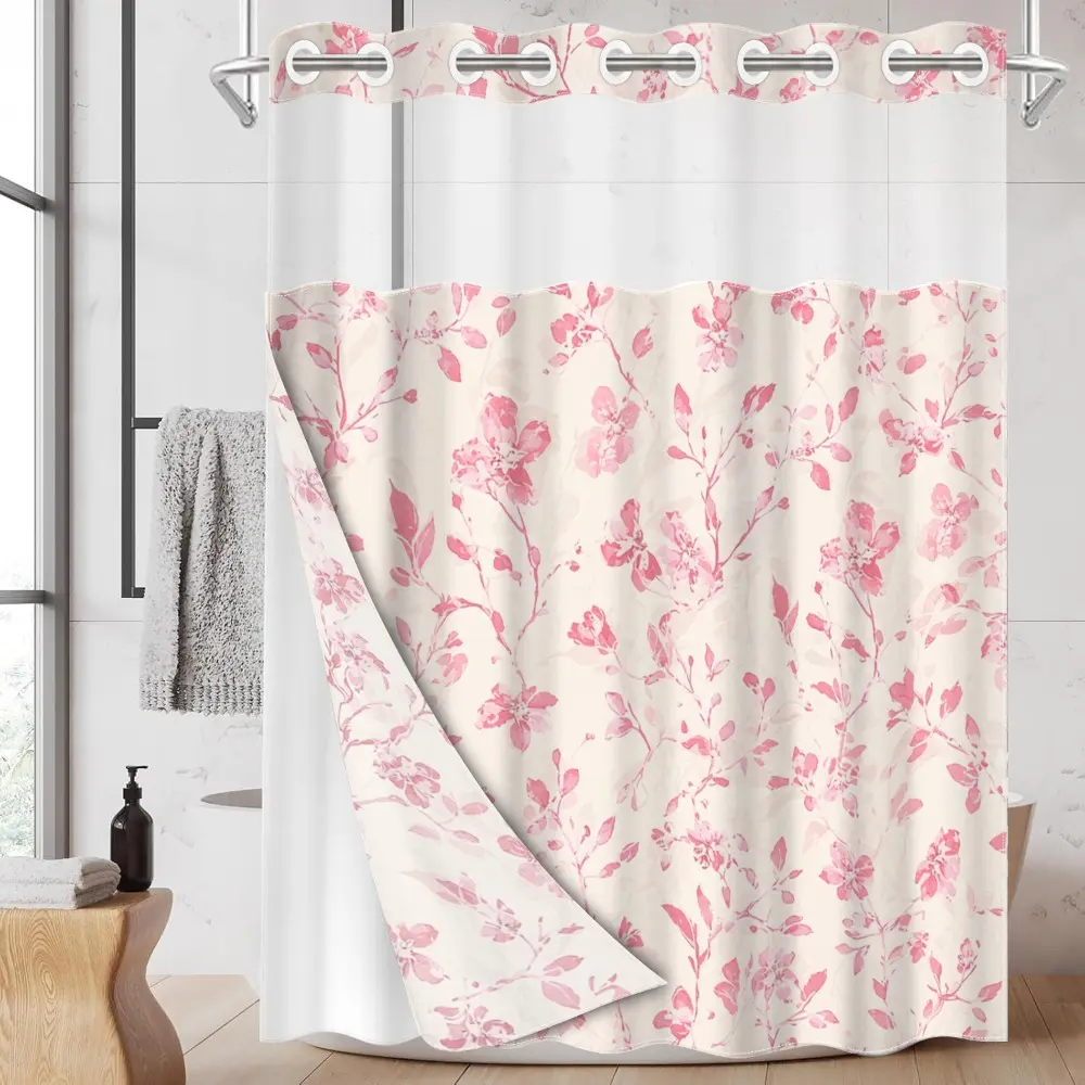 1pc hookless shower curtain cute with buckle lining, spring pink and white floral design, 2D flat printing, waterproof fabric lining, see-through double-layer shower curtain, 71 x 74 inches, modern home curtain, Bathroom Accessory, No Hook Shower Curtain