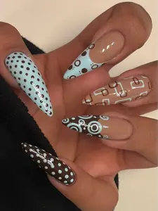 Retro Polka Dot Medium Square Press On Nails | Mint Brown Nails | Geometric Vintage Nails | Y2K Handmade Press Ons