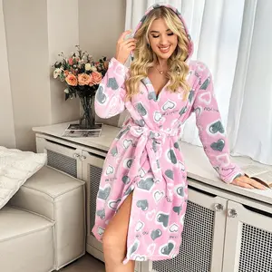 Fall/Winter Robe Long Sleeve Double-Sided Fleece Tie Belt Warm Sleepwear Homewear Morning Robe