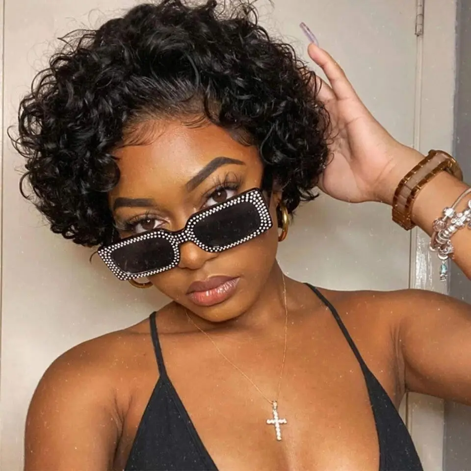 MYLOCKME 13x1 Pixie Cut Wig Transparent Lace Front Human Hair Wig Short Kinky Curly Bob Wigs Brazilian Human Hair Wigs For Women