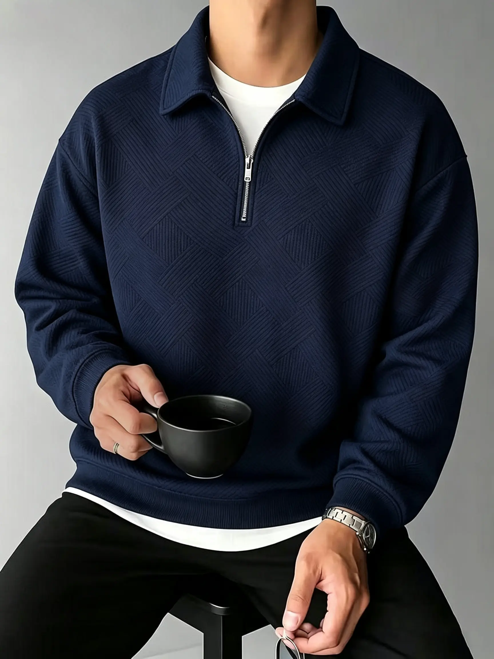 half zip pullover Men Casual Long Sleeve Quarter Zip Sweatshirt, Embossed Texture Polo Collar Fashion Menswear Tops