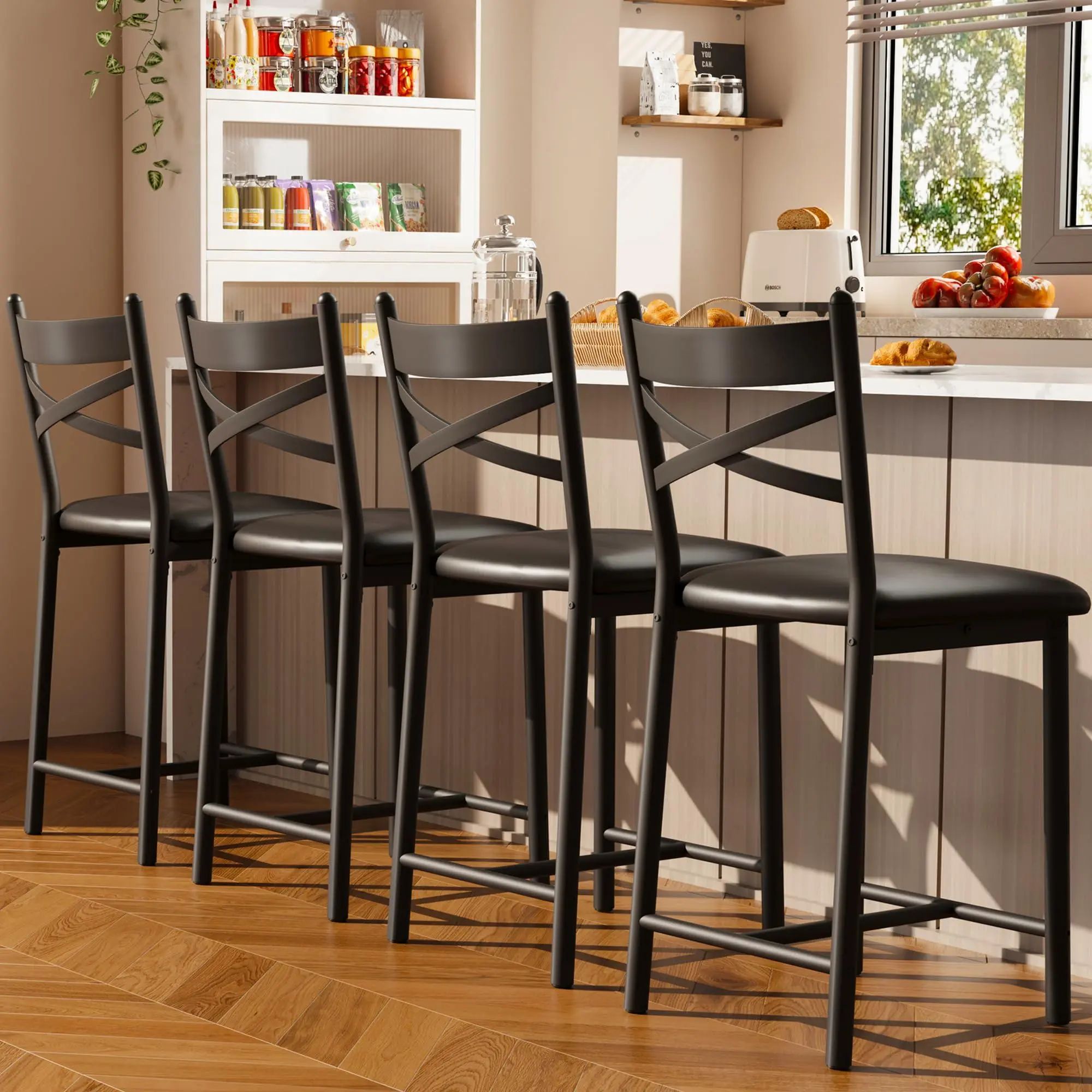 Bar Stools Set of 4, Counter Height Bar Stools with PU Upholstered Seat, Metal Frame Kitchen Bar Chairs with X-Design Back and Footrest for Kitchen Island, Counter Bar, Dining Room, 22" Black