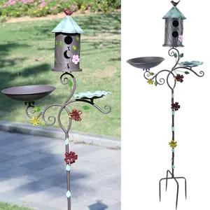 58" H Metal Bird Baths and Bird Houses for Outside with Pole,Birdhouses for Outdoors with Birdfeeder,3-in-1,Garden Yard Decor