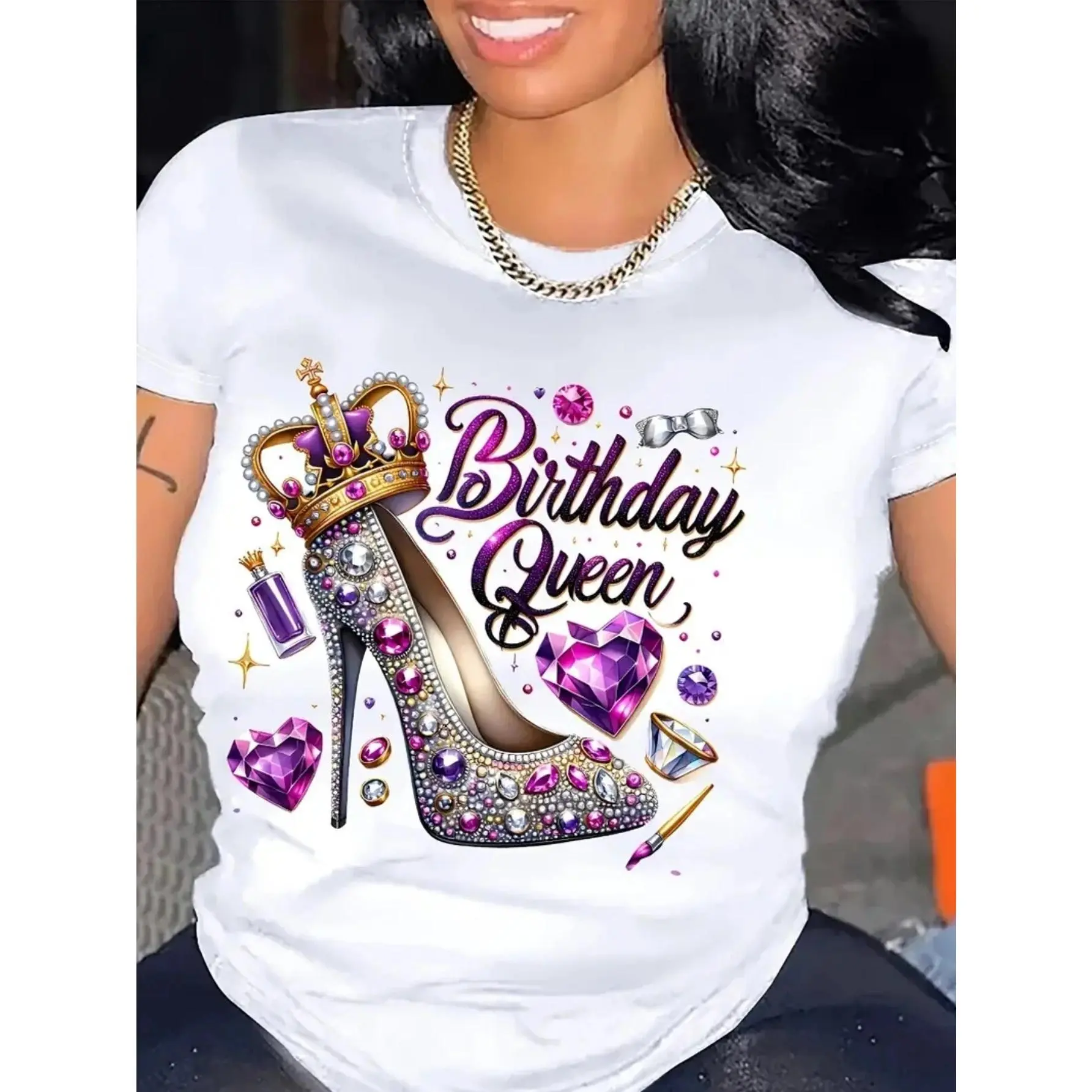 Women's Regular Fit Short Sleeve Soft Cotton T-Shirt - Casual Apparel with Digital Print Birthday Queen Sparkle Graphics, Glitter Letters, Rhinestone High Heel & Jewelry, Machine Washable Party Top, Fabric, Basic, Rhinestones, Fitted, Round Neck