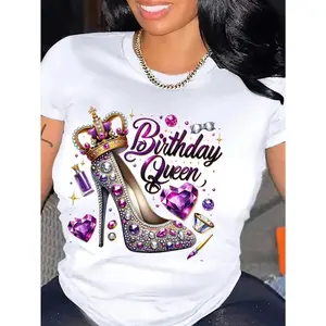 Women's Birthday Queen Sparkling Rhinestone High Heel & Jewelry Graphic T-Shirt - Glitter Lettering Casual Party Outfit, Round Neck Short Sleeve Regular Fit Birthday Celebration Top for Women, Festive Clothing, Trendy Fashion, Machine Washable