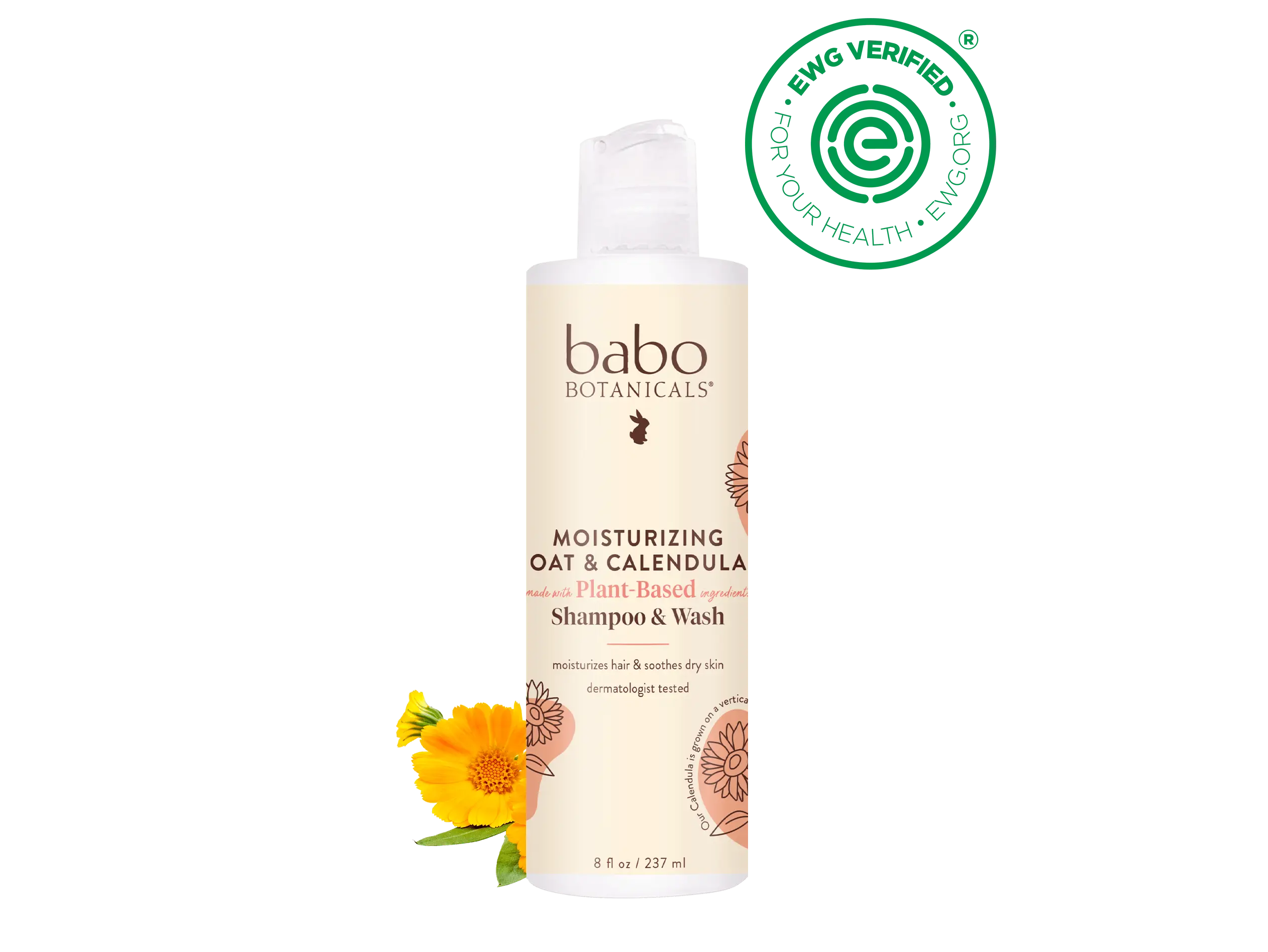 Babo Botanicals Moisturizing Oat & Calendula Shampoo & Wash – Made with Plant-Based Ingredients – Moisturizes Hair & Soothes Dry Skin – Dermatologist Tested – 8 fl oz (237 ml)