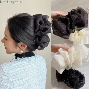 LuneLingerie Oversized Sparkle Organza Scrunchie - Large Volume Mesh Hair Scrunchie with Silver Dots, Elegant Hair Accessory for Women's Hairstyles