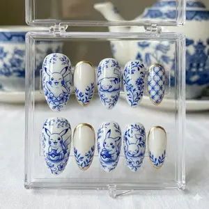 Blue Porcelain Anime Press-On False Nails, Hand-Painted Floral Kawaii Almond-Shape, Gold Trim Cute Cartoon Nail Art, Reusable Faux Ongles