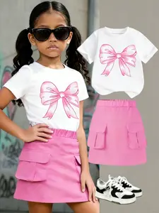 Y2K Style Girl Two-Piece, Bow Print T-Shirt & Utility Skirt Set, Summer Casual Wear, Elegant Fitted Suit, Casual Fashion Set