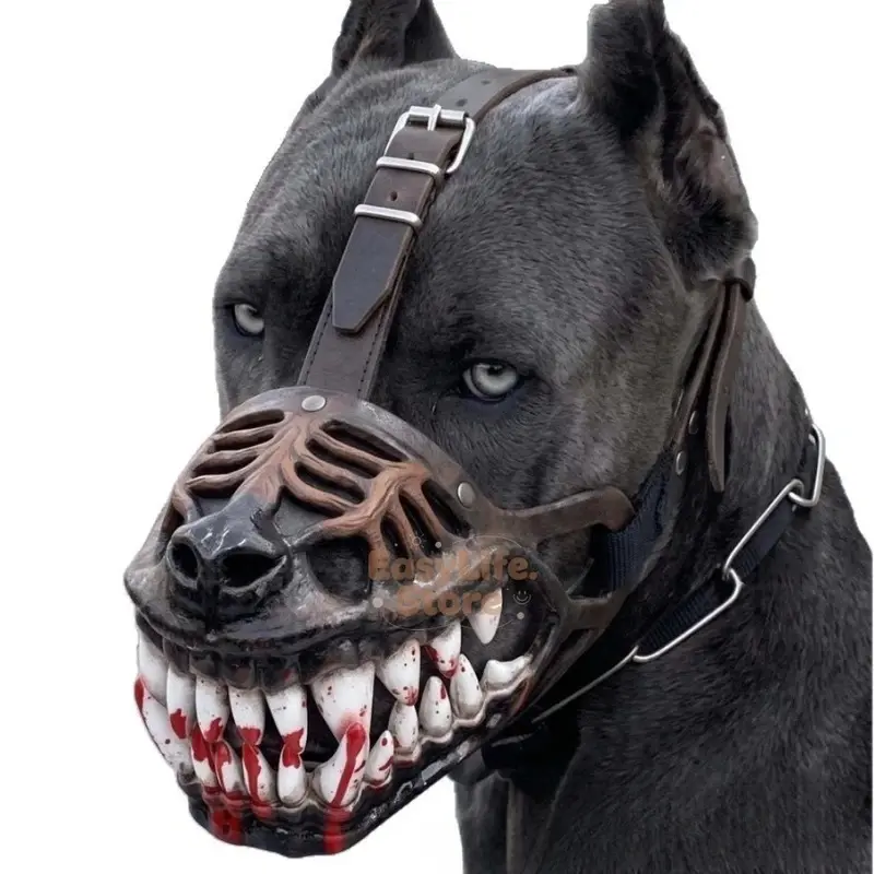 Hellhound Beast Dog Muzzle - Halloween Theme Pet Accessory with Leather Face, Realistic Effect, Scary Look, Adjustable Straps, Teeth & Funny Costume Design