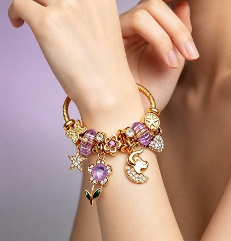 Purple Crystal Gold Charm Bangle, Adjustable Wire Bracelet with Star Floral Bull Moon Winged Heart Pendants, Jewelry Gift for Women
