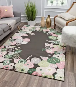 Rugs America RA28511 8 x 10 ft. VA35C Hanna Royal Blossom Pink Onyx Floral Transitional Area Rug, Black