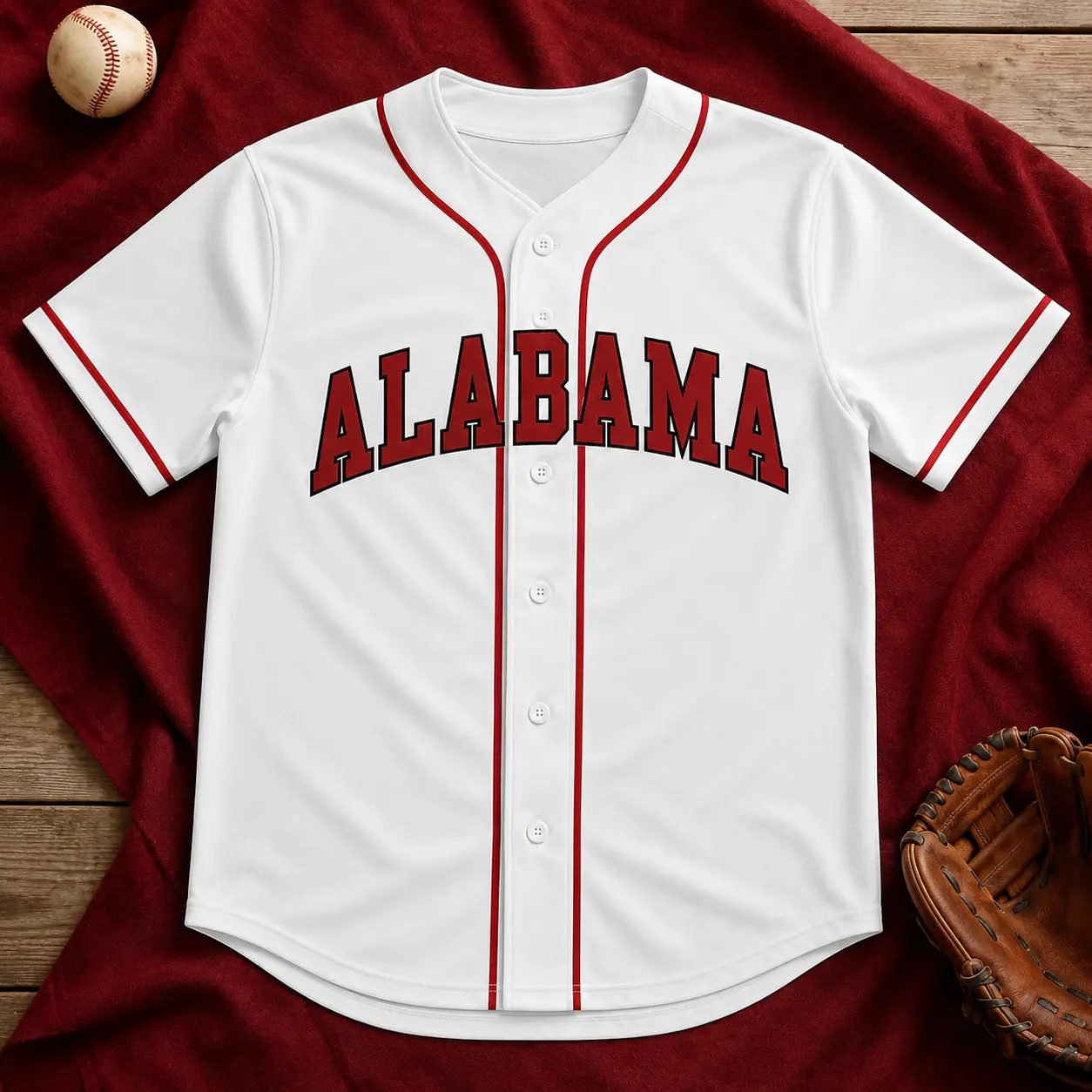 Custom Alabama Baseball Jersey, Personalized Name And Number Button Down Sports Shirt, White Athletic Team Uniform, Breathable Game Day Apparel, Adult Unisex Fan Gift