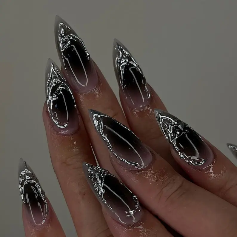 Luxury Chrome Press On Nails, Handmade Gothic-Inspired Nail Art, Y2k Nails, Trendy Chrome on Fake Nails, Gothic nails Nail Art Kit Nail Box sohochic