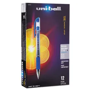 Uni-Ball Signo GRIP Stick Gel Pen - 0.7 mm Medium Blue Visible Waterproof Acid-Free Ink, Silver & Blue Barrel, Rubberized Grip, 3-Way Protection, Visible Ink Supply, Pocket Clip - 1 Dozen Office Writing Tool