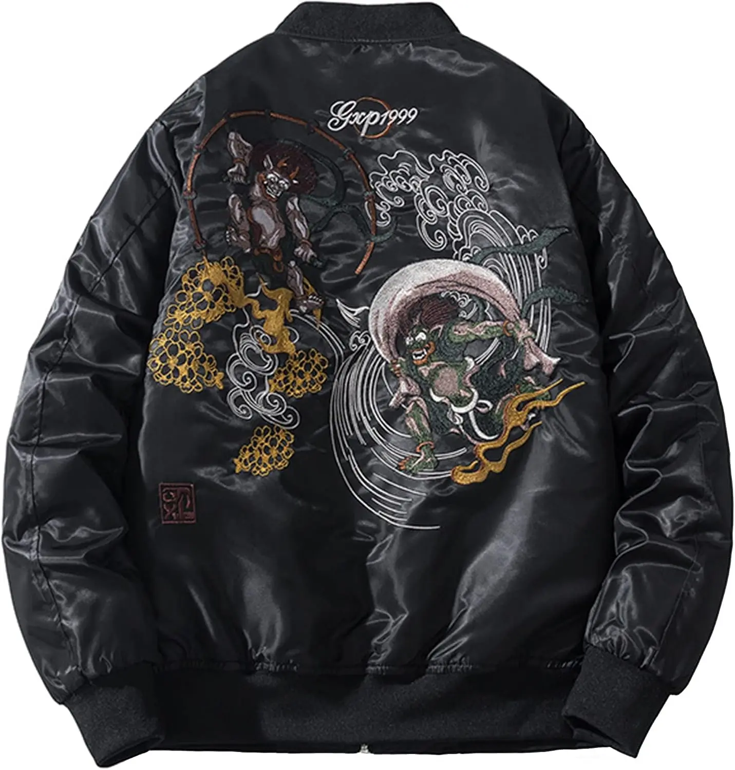 XYXIONGMAO Men's Embroidered Japanese Ghost Graphic Bomber Jacket - Menswear Tops, Character Embroidered Lightweight Street-Ready Zip-Up Oversized Techwear Outerwear for Urban Hip Hop Casual Fashion