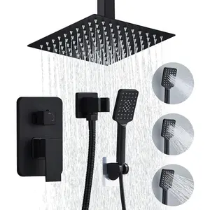 8 Inch Shower Faucet Set Ceiling Mount, High  Rainfall Shower System Square Rain Shower  with Handheld  Combo, Ceiling Luxury Rainfall Shower Fixtures Matte Black (3-Setting)