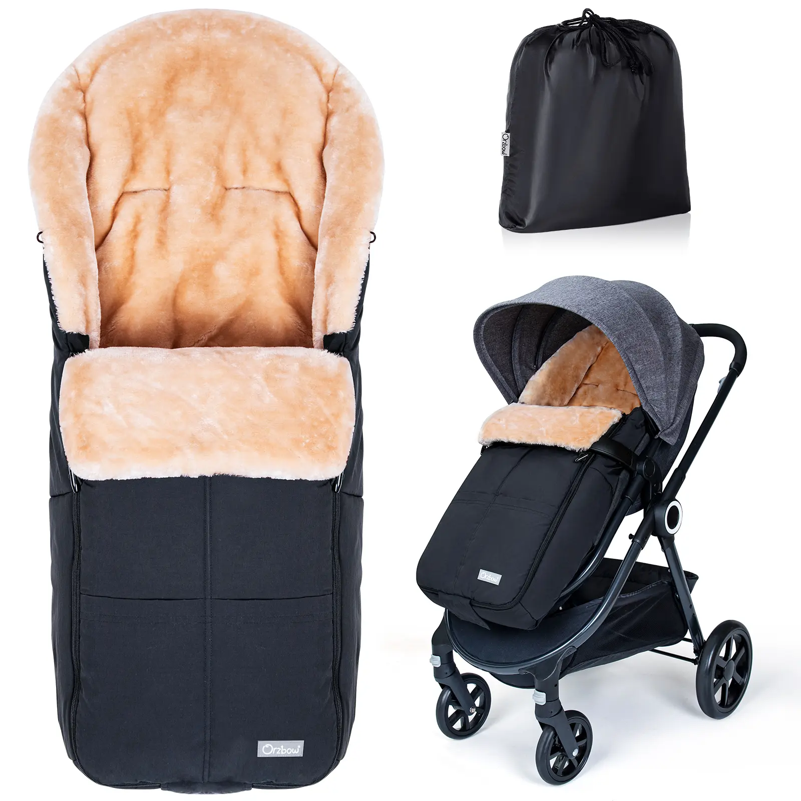 Orzbow Wool Warm Bunting Bag Universal,Suitable below 5 ℃,For Alaska,Stroller Sleeping Bag Cold Weather,Waterproof Toddler Footmuff (Black)