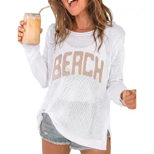 Yimoon Beach Cover Ups for Women Letter Print Rollneck Long Sleeve Beach Sweater Split Hem Knit Crochet Tops