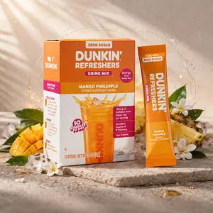 Dunkin’ Zero Sugar Refreshers Singles To Go! Powdered drink mix packets, Mango Pineapple,10 packets per box Energy from Green Tea, aspartame-free, no synthetic colors, naturally and artificially flavored, just add water