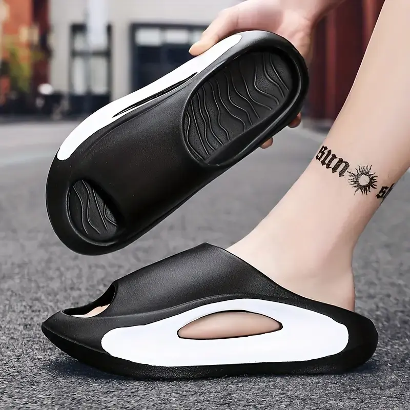 Men's Colorblock EVA Cloud Look Slip On Slippers - Lightweight, Breathable, Hollow Design, Non-Slip Cushioned, for Gym, Casual Wear, Indoor Use, Hollow Eva, Flat Sole, Check Size Chart, Outdoors, Footwear, Slide