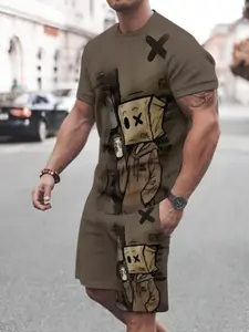 Men's Printed Short Sleeve T-Shirt and Shorts Set, Fitted Breathable Outdoor Casual Sportswear, Summer Full Print, Suitable for Adult Men